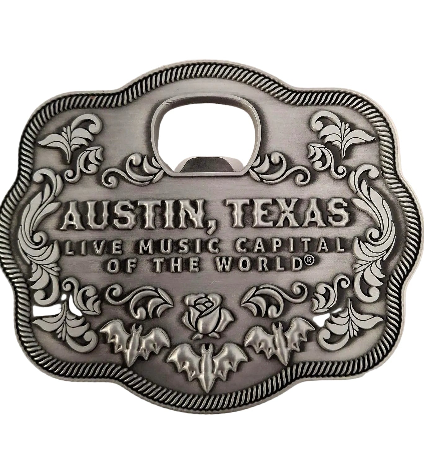 Decorative bottle opener with 'Austin, Texas Live Music Capital of the World' text on a white background